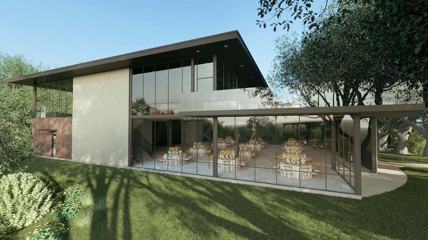 Glass House exterior rendering, facade lit for a banquet
