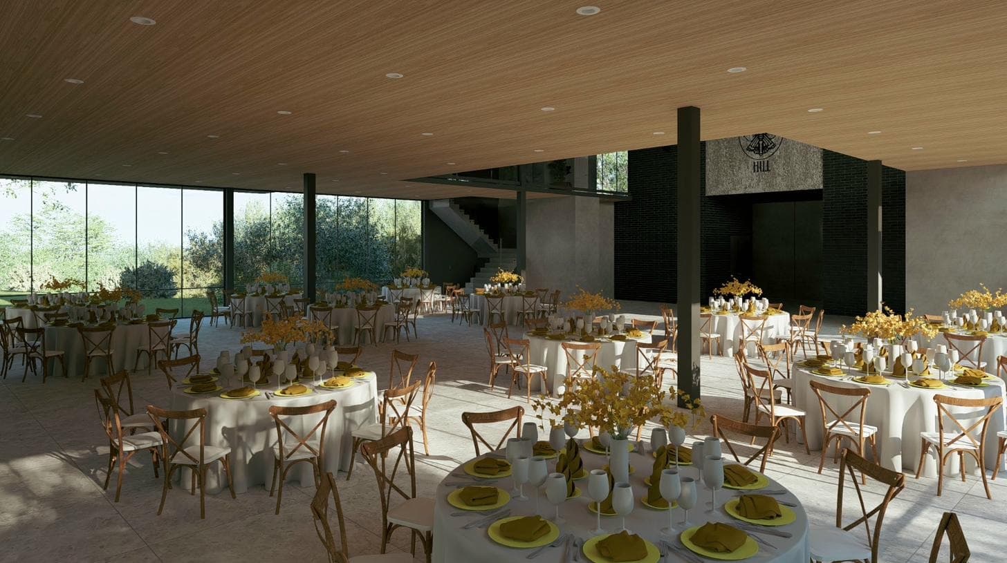 Glass House interior rendering, reception with floor-to-ceiling glass walls