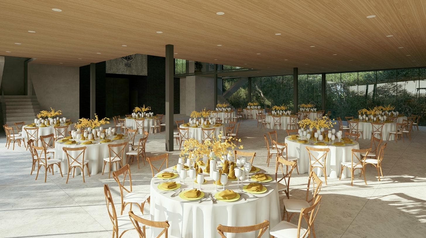 Glass House interior rendering, banquet seating beneath a wood-slatted ceiling